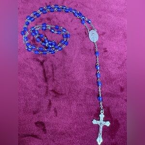 Vintage 1950’s Rosary Silver tone Sapphire Blue Glass Beads